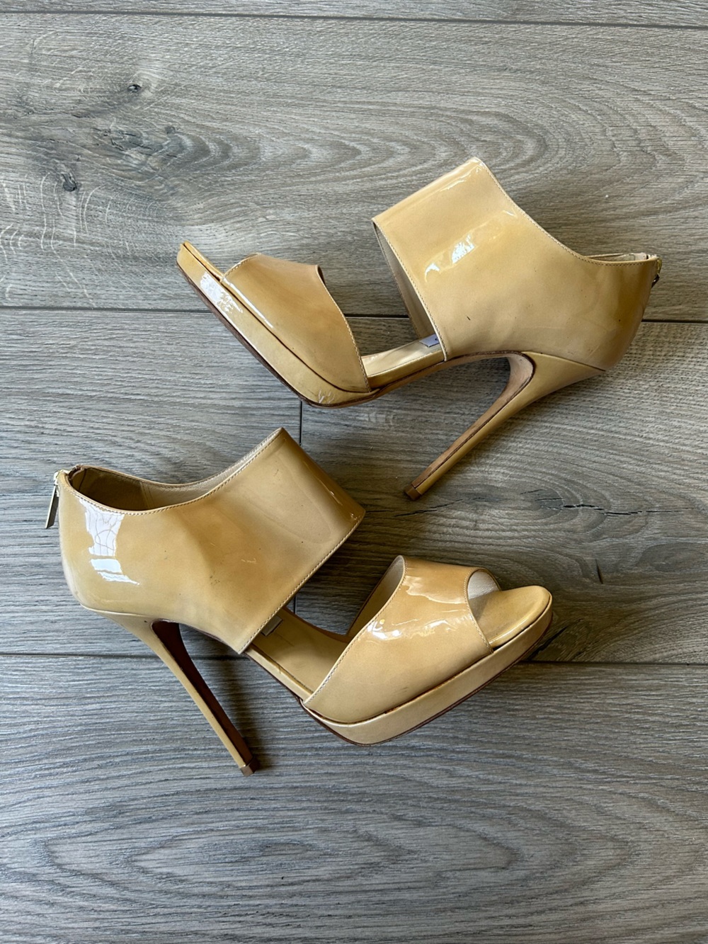 Jimmy Choo Stiletto Heels PRIVATE Nude patent open toe Size 39.5